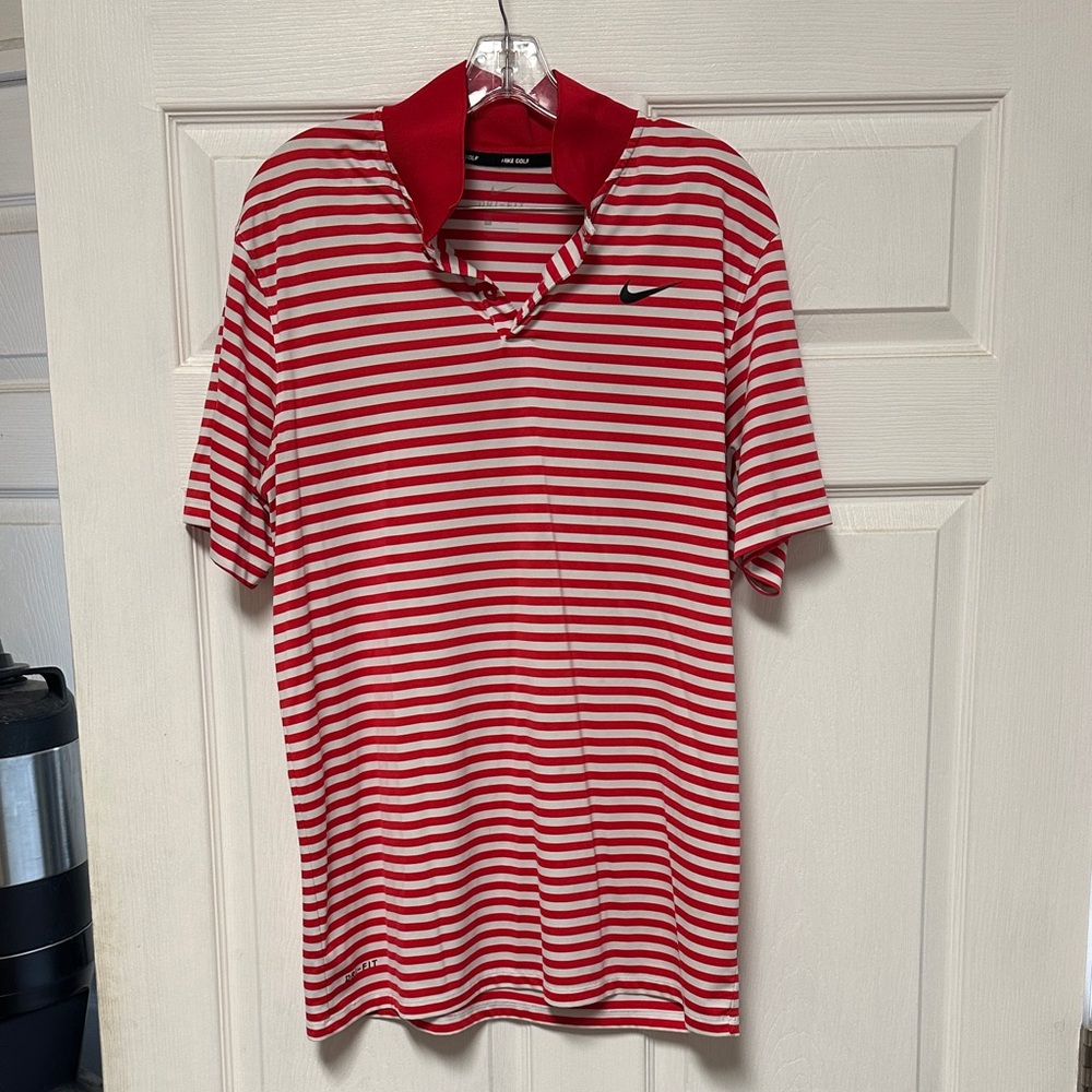 Nike Men's Red and White Striped Polo Shirt